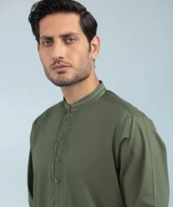Best Sapphire Embroidered Cotton Kurta - Slim Fit Olive