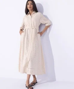 Hot Sapphire Embroidered Dress With Belt Beige