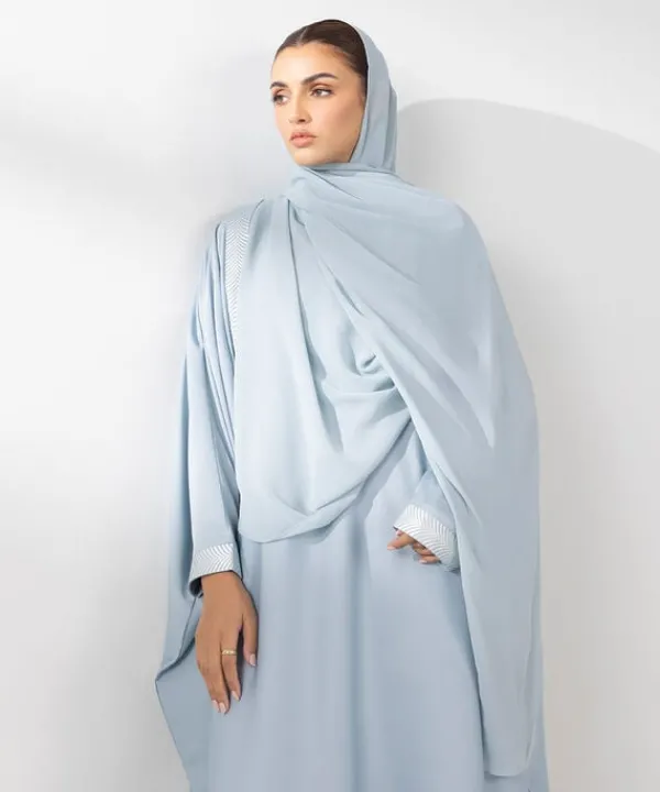 New Sapphire Embroidered Kaftan Abaya Set Sky Blue