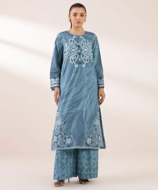 Hot Sapphire Embroidered Lawn Shirt Blue
