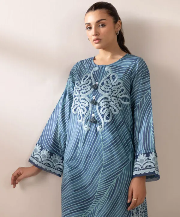 Hot Sapphire Embroidered Lawn Shirt Blue