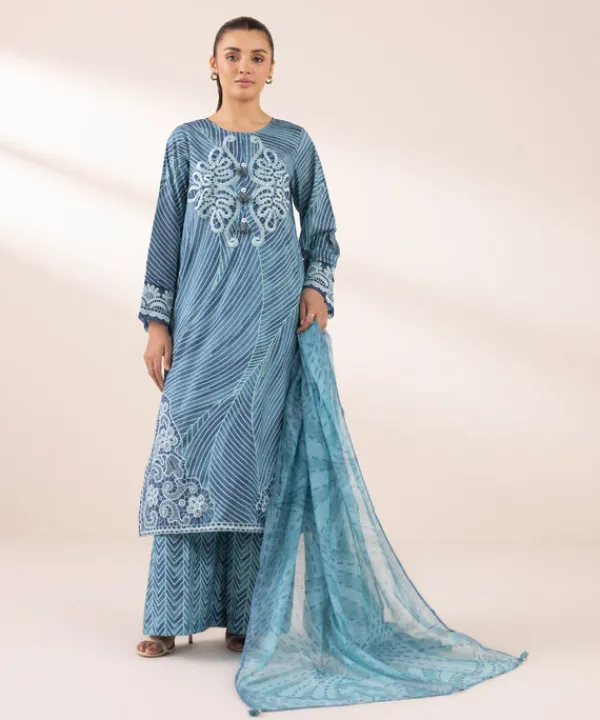 Hot Sapphire Embroidered Lawn Shirt Blue