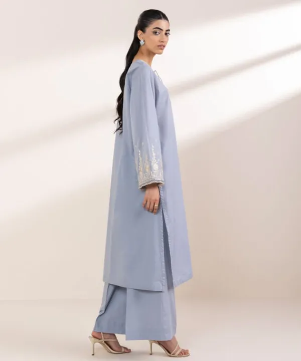 Hot Sapphire Embroidered Lawn Shirt Blue