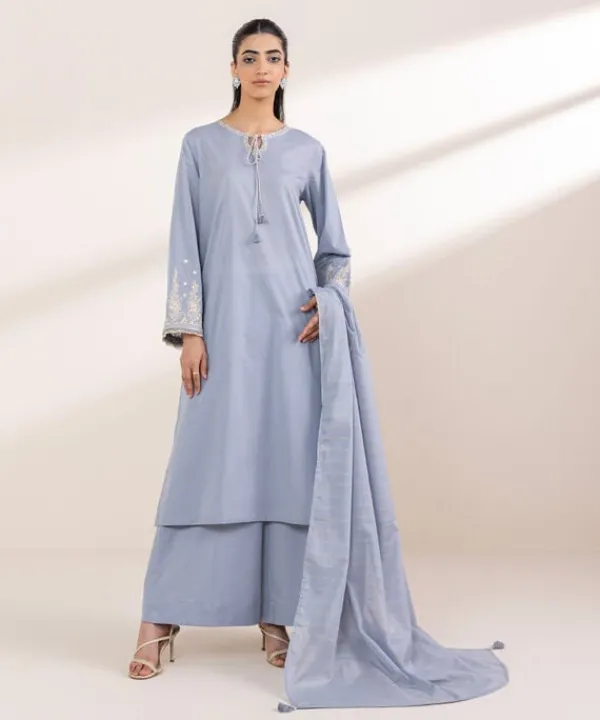 Hot Sapphire Embroidered Lawn Shirt Blue