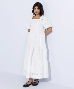 Hot Sapphire Embroidered Tier Dress White
