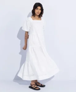 Hot Sapphire Embroidered Tier Dress White