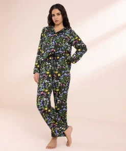Online Sapphire Floral Print Woven PJ Set Black