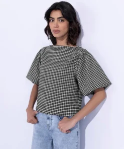 New Sapphire Gingham Slash Neck Top Black & White