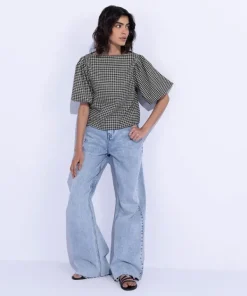 New Sapphire Gingham Slash Neck Top Black & White