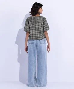 New Sapphire Gingham Slash Neck Top Black & White