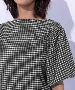 New Sapphire Gingham Slash Neck Top Black & White
