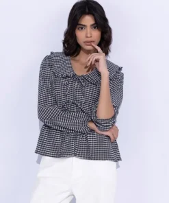 Fashion Sapphire Gingham Top With Tie Fastening Black & White