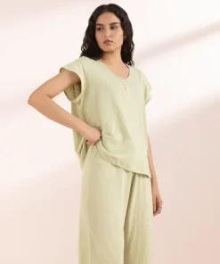 New Sapphire Henley V Neck T-Shirt Sage Green