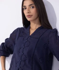 Best Sapphire Lace Insert Embroidered Shirt Navy Blue