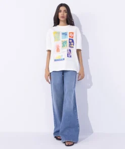 Clearance Sapphire Loose Fit Graphic T-Shirt White