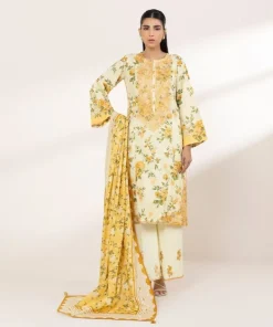 Fashion Sapphire Printed Zari Lawn Shirt Light Yellow