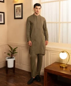 Best Sapphire Schiffli Embroidered Cotton Suit - Slim Fit Green