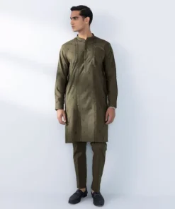 Best Sapphire Schiffli Embroidered Cotton Suit - Slim Fit Green