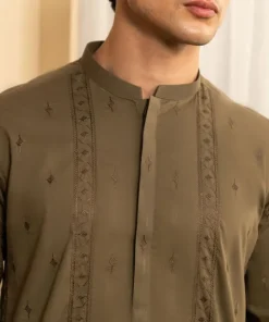 Best Sapphire Schiffli Embroidered Cotton Suit - Slim Fit Green
