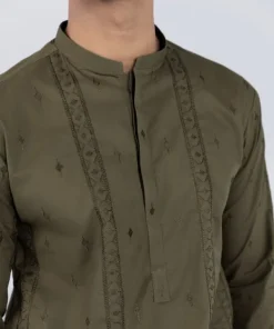Best Sapphire Schiffli Embroidered Cotton Suit - Slim Fit Green
