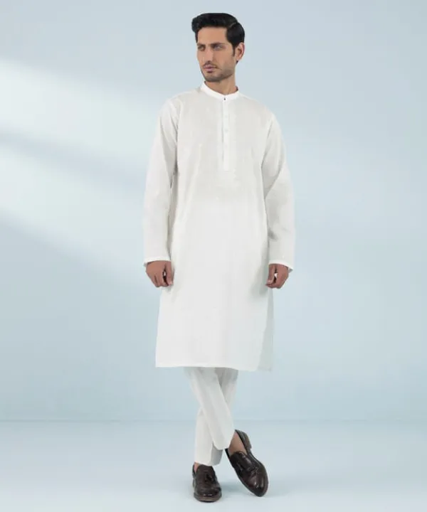 Hot Sapphire Schiffli Embroidered Cotton Suit - Slim Fit White