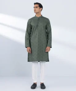 Sale Sapphire Schiffli Embroidered Cotton Kurta - Slim Fit Green