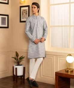 New Sapphire Schiffli Embroidered Cotton Kurta - Slim Fit Grey