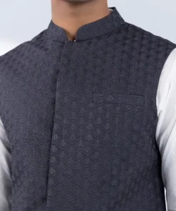 Online Sapphire Schiffli Embroidered Cotton Waistcoat - Regular Fit Charcoal