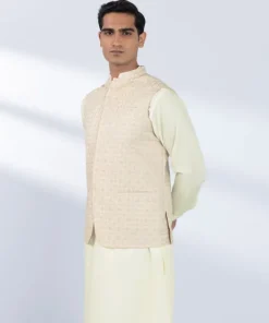 Best Sapphire Schiffli Embroidered Cotton Waistcoat - Regular Fit Cream