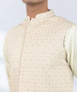 Best Sapphire Schiffli Embroidered Cotton Waistcoat - Regular Fit Cream