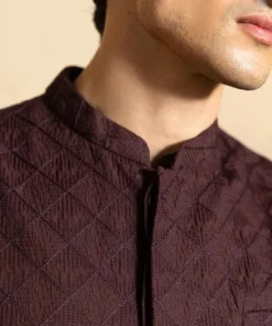 Outlet Sapphire Schiffli Embroidered Cotton Waistcoat - Regular Fit Maroon