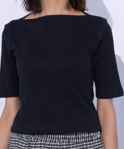 Outlet Sapphire Slash Neck Rib Top Black