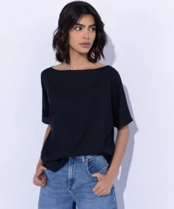 Fashion Sapphire Slash Neck Top Black