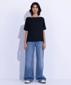 Fashion Sapphire Slash Neck Top Black
