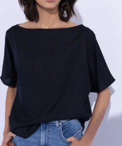 Fashion Sapphire Slash Neck Top Black