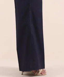 Fashion Sapphire Solid Cambric Flared Pants Navy Blue