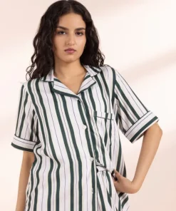 Discount Sapphire Stripe Printed Woven PJ Set White & Green