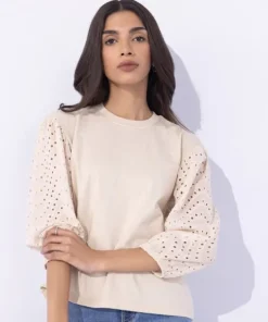 Clearance Sapphire T-Shirt With Embroidered Sleeves Beige