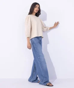 Clearance Sapphire T-Shirt With Embroidered Sleeves Beige