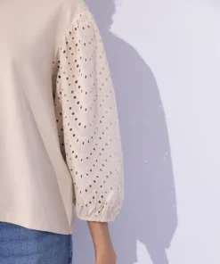 Clearance Sapphire T-Shirt With Embroidered Sleeves Beige